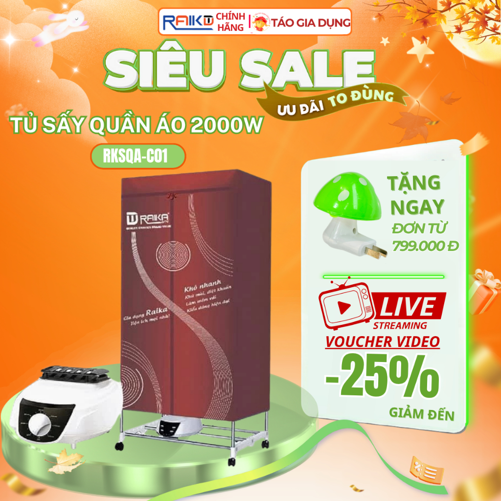 Tủ sấy quần áo Raika RKSQA C01 - Khử mùi hôi, lưu giữ hương thơm, công suất mạnh 2000W, nhanh khô