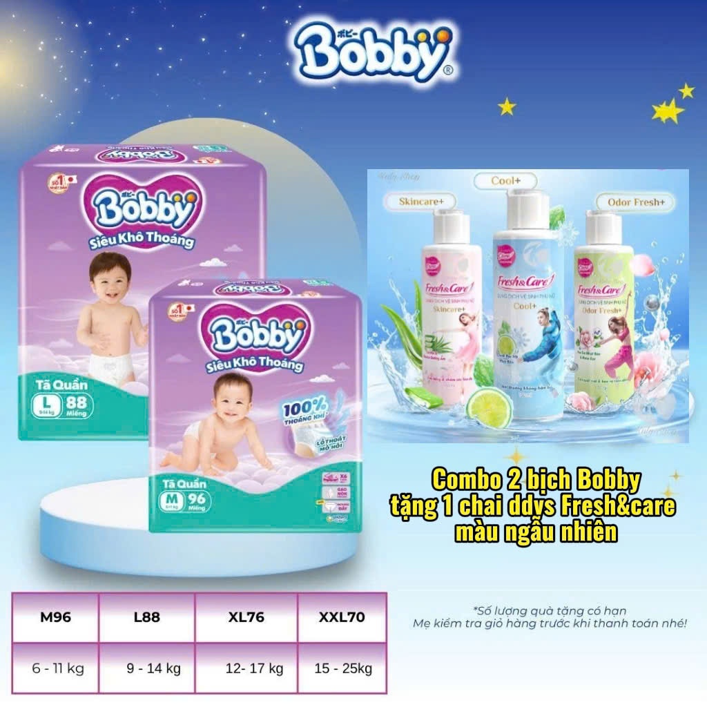 COMBO 2 BỊCH TÃ QUẦN BOBBY SIÊU KHÔ THOÁNG SIZE M112+4/L96+4/XL84+4/XXL76+4/M96/L88/XL76/XXL70