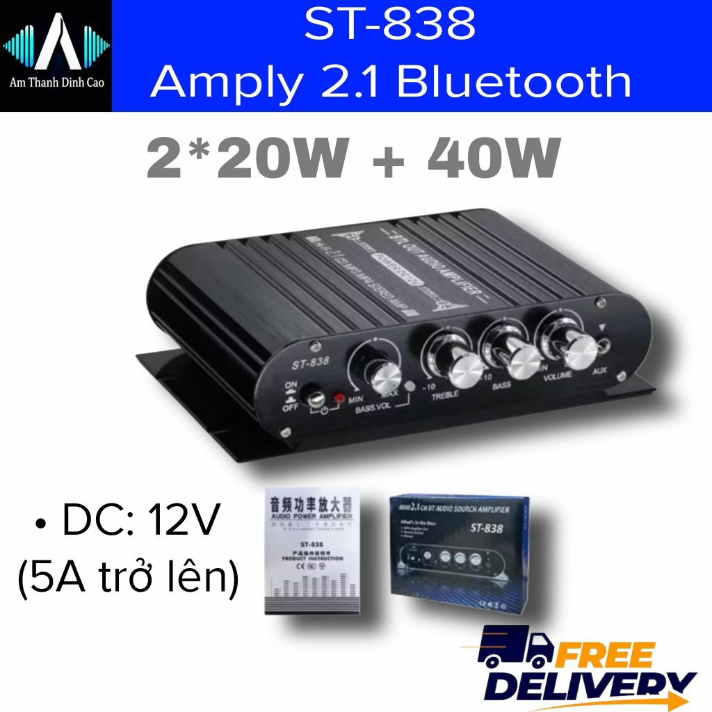 ST-838 Amply mini 2.1 Bluetooth 5.0 Bộ Khuếch Đại Âm Thanh 12V Diy