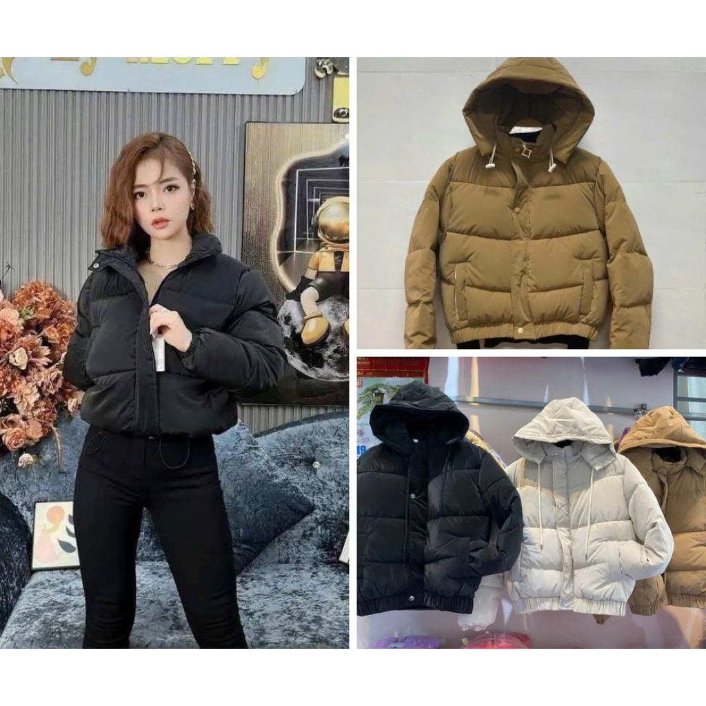 Áo Phao Nhung Lì Có Mũ Dáng Croptop, Áo Phao Nữ Siêu Ấm