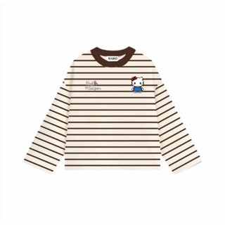  Áo thun tay dài sọc ngang thun Borip,áo phông form rộng cổ tròn hình hello kitty Unisex nam nữ cá tính 
