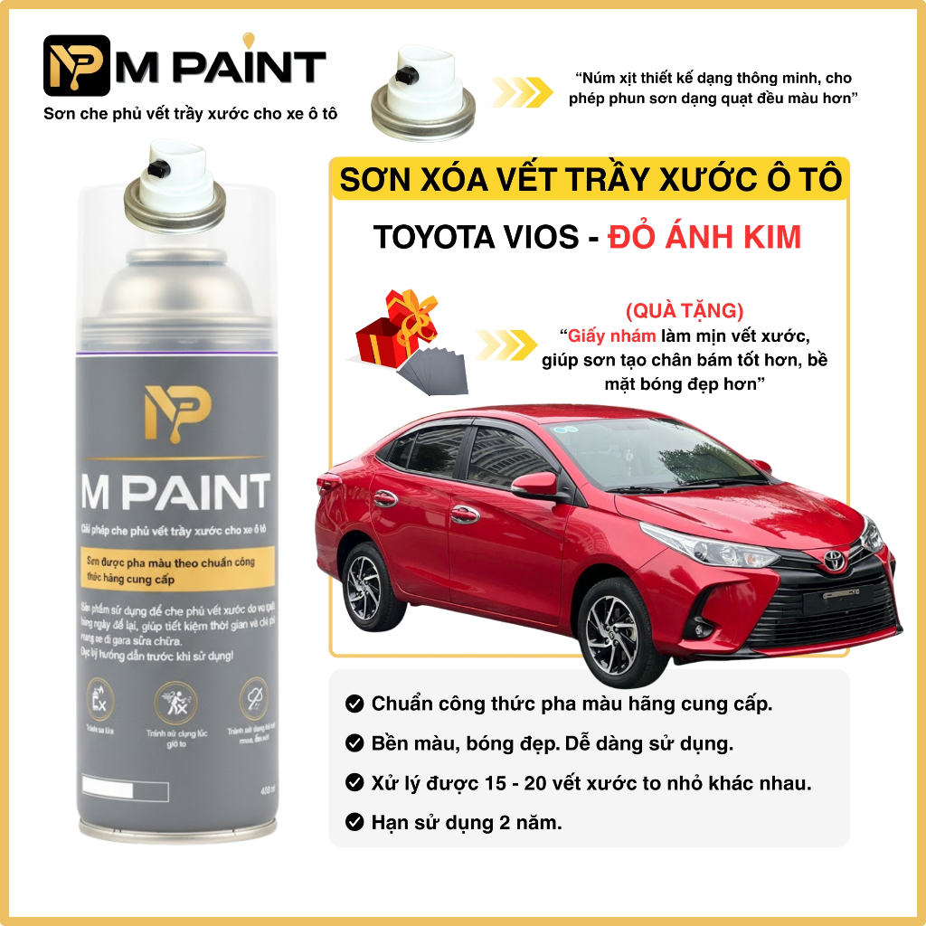 Sơn xóa vết trầy xước xe ô tô Toyota Vios màu Đỏ Ánh Kim, mã màu 3R3 - BARCELONA RED, màu chuẩn hãng