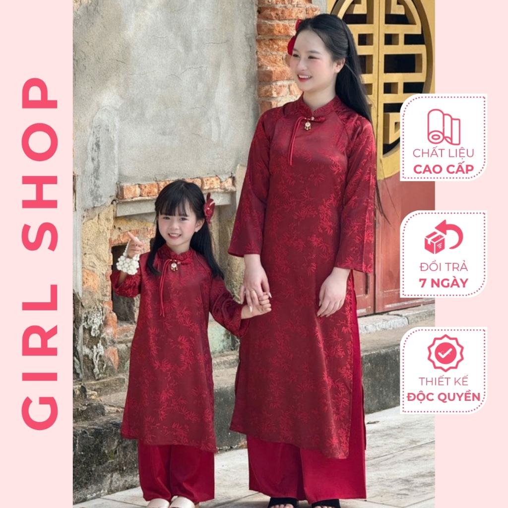 Set Áo Dài Mẹ Và Bé Hoa Tre Thiết Kế Cao Cấp Dáng Suông Cổ Cao Sang Trọng Thanh Lịch GIRLSHOP