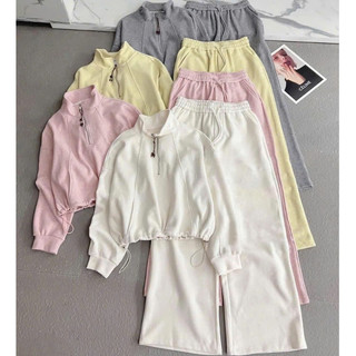  Set Bộ Đồ Nữ Len Thỏ TRƠN Áo Dài Tay Cổ Trụ Viền Nổi Kéo Khóa Lửng Dây Rút Gấu Mix Quần Suông Dài Ổng Rộng 