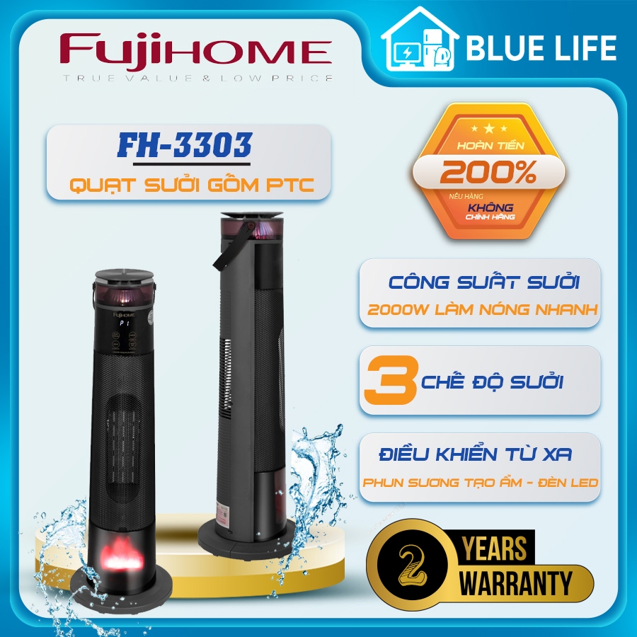 Máy Sưởi Gốm PTC Fujihome FH3303 – 2000W Ceramic, Phun Sương, Điều Khiển Xa, Hiệu Ứng Lửa LED