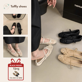 [H.C.M Hoả Tốc] Giày búp bê ren lưới nơ mũi vuông thoáng khí, đế chống trơn trượt có sẵn bigsize 40 41 42