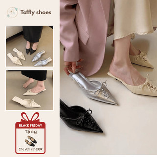   FORM BÉ TĂNG 1 SIZE  Giày sục cao gót mũi nhọn corset 4 phân có sẵn size 35 đến size 42 cho nàng bigsize - Toffly Shoes 