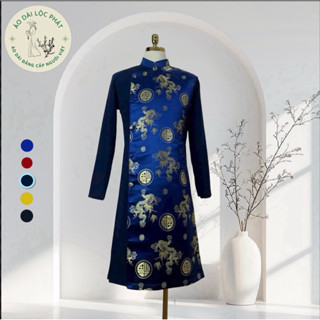 Áo Dài Cách Tân Nam Chất Liệu Gấm Phối Tuyết Mưa In Họa Tiêt Rồng Đồng Tiền - Áo Dài Lộc Phát