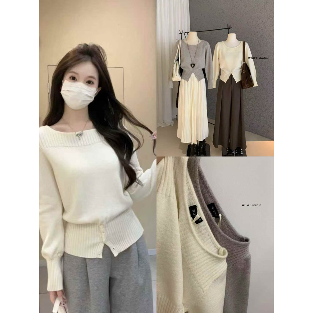 𝗺𝗶𝗲 𝘀𝘁𝘂𝗱𝗶𝗼 - /WGWE/ w8108 Áo len cổ vuông dài tay bo eo Chic Classic