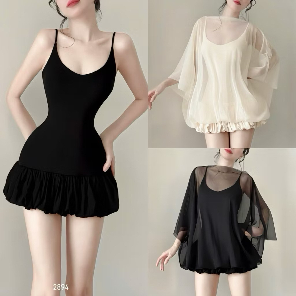 [S2.4184] Set 2 Món Váy 2 Dây Đuôi Cá Chất Zip Mix Áo Choàng Voan Tơ 2 Màu | BigBuy360 - bigbuy360.vn
