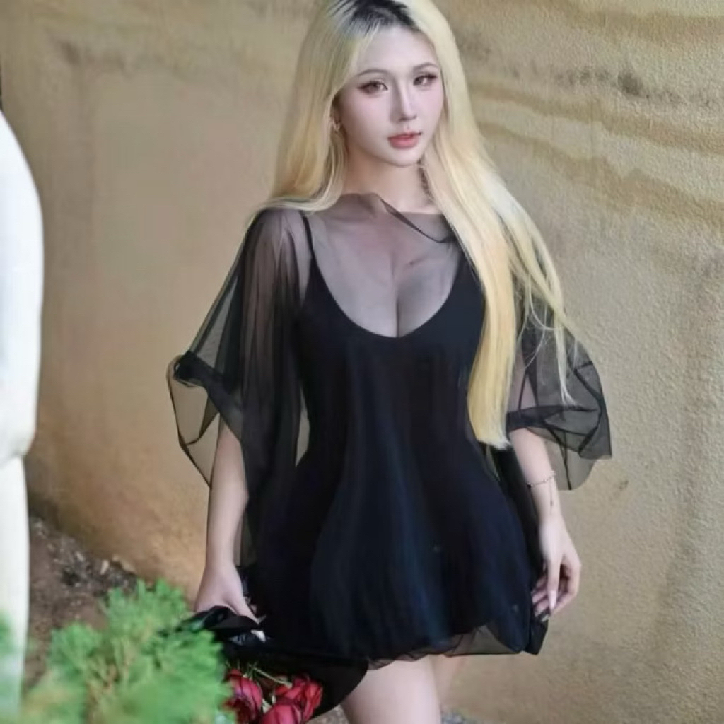 [S2.4184] Set 2 Món Váy 2 Dây Đuôi Cá Chất Zip Mix Áo Choàng Voan Tơ 2 Màu | BigBuy360 - bigbuy360.vn