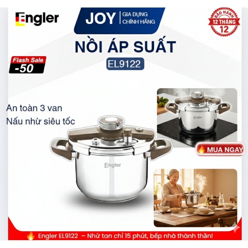 Nồi Áp Suất Đáy Từ Engler 6 Lít Inox 304 EL9112 Siêu An Toàn - Nấu Nhanh Tiết Kiệm 50% Gas