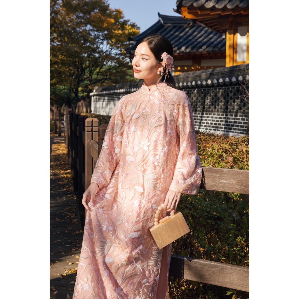 PETBYCHANG - Áo Dài Hồng Sa Sequin Thêu Hoa Đính Kim Sa Cao Cấp, Dáng Suông Dự Tiệc Hoặc Mặc Tết San