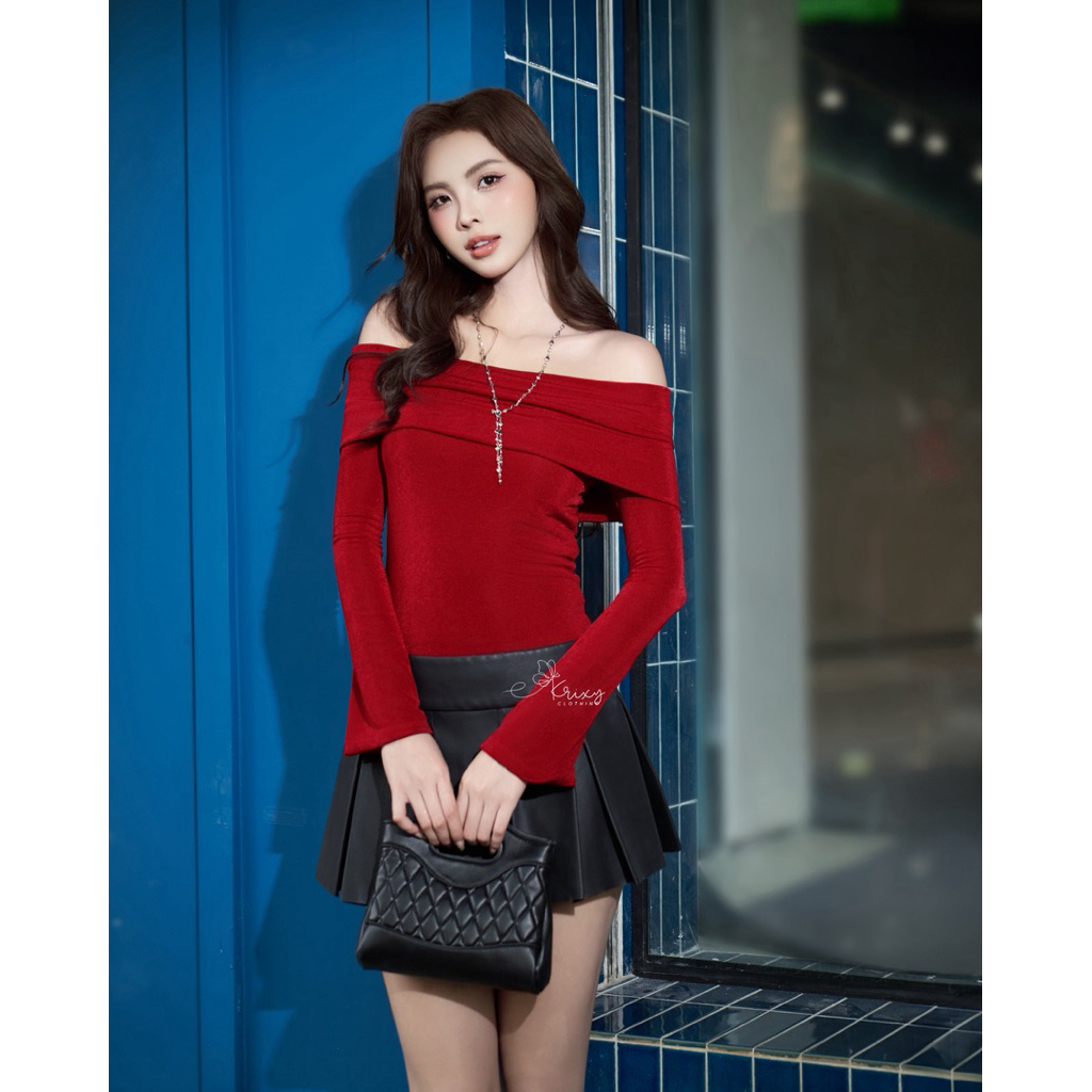 KRIXY CLOTHING [ 𝗗𝗮𝗶𝘀𝘆 𝗧𝗼𝗽 ] Áo trễ vai tay dài vải thun ướt co dãn nhẹ màu đỏ vang siêu trắng da