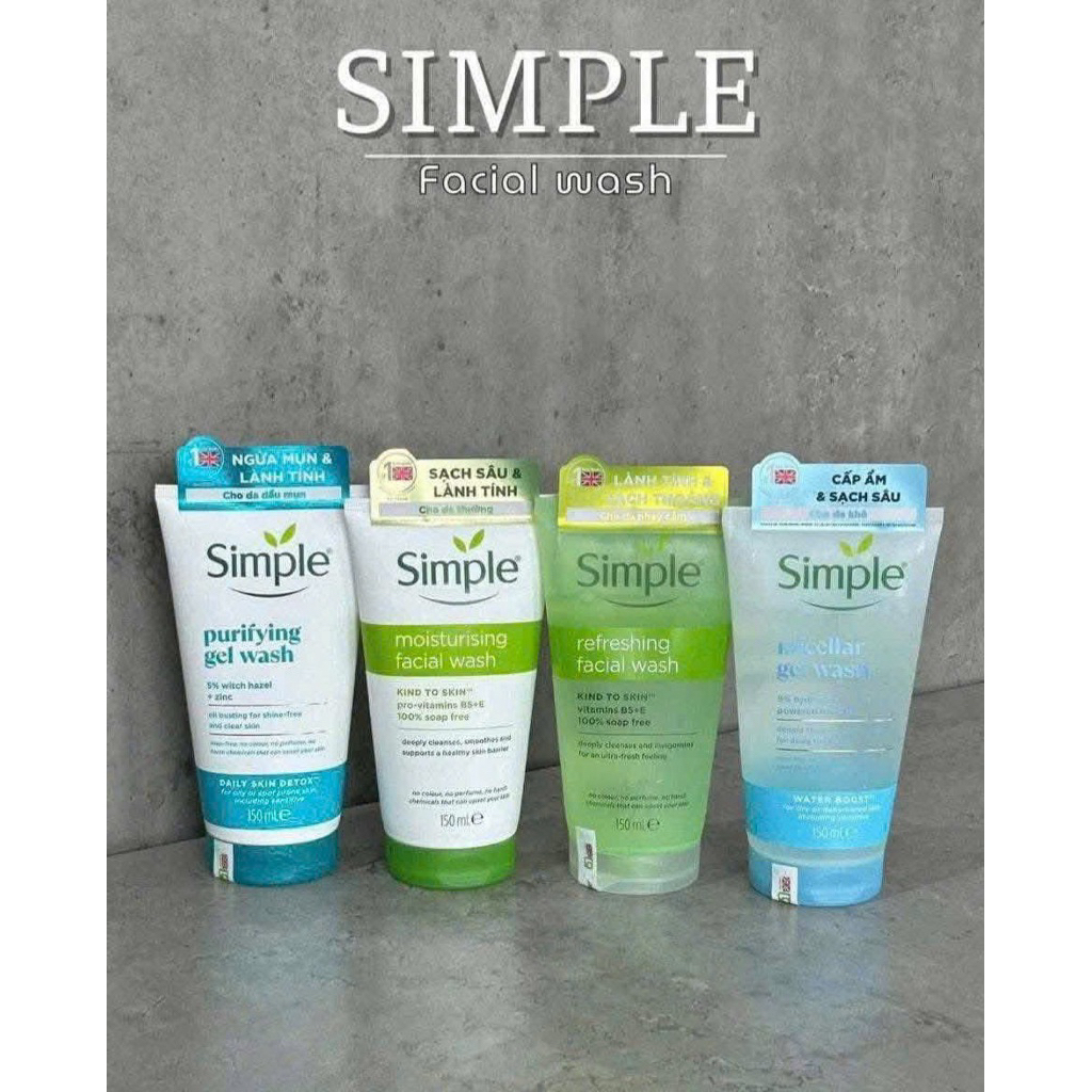 Gel sữa Rửa Mặt Simple Cho Da Dầu Mụn Dưỡng Ẩm Da Khô, Nhạy Cảm Dịu Nhẹ SRM Simple 150ml