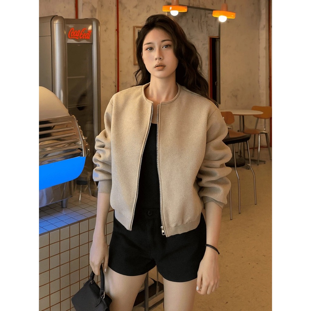 Áo Khoác Bomber Dạ Nữ Ngắn Basic – Form Rộng, Chất Dạ Dày Đẹp, Thiết Kế Khóa Kéo Hàn Quốc MA263