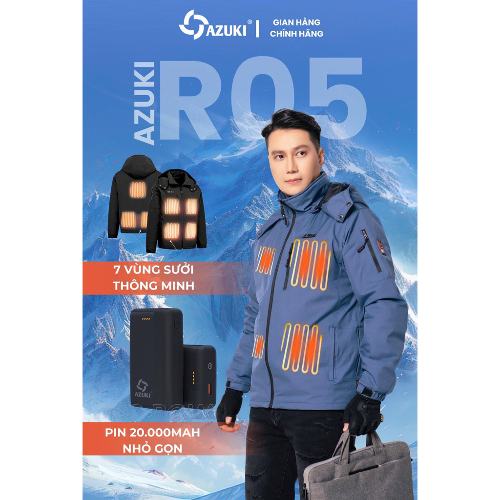 ÁO SƯỞI ẤM NHẬT BẢN AZUKI KÈM PIN 20.000 CHÍNH HÃNG