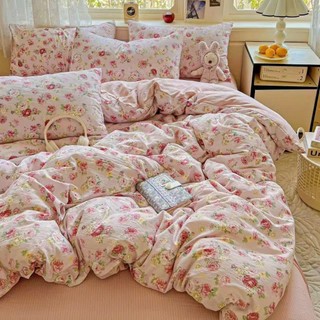 Chăn ga gối 4 món cotton đũi họa tiết vintage hoa nhí decor phòng Hàn Quốc drap nệm bo chun phủ giường EmmiBedding 