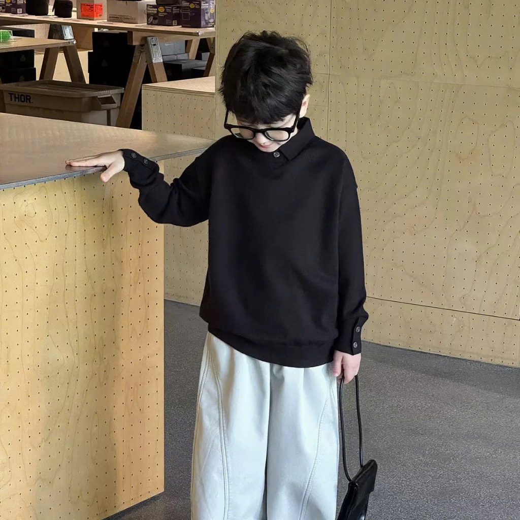 BABYBUYvip - AMY5033 - Áo len cổ bẻ dài tay phối khuy 3 màu lúa mạch , ghi xán và đen cho bé trai và