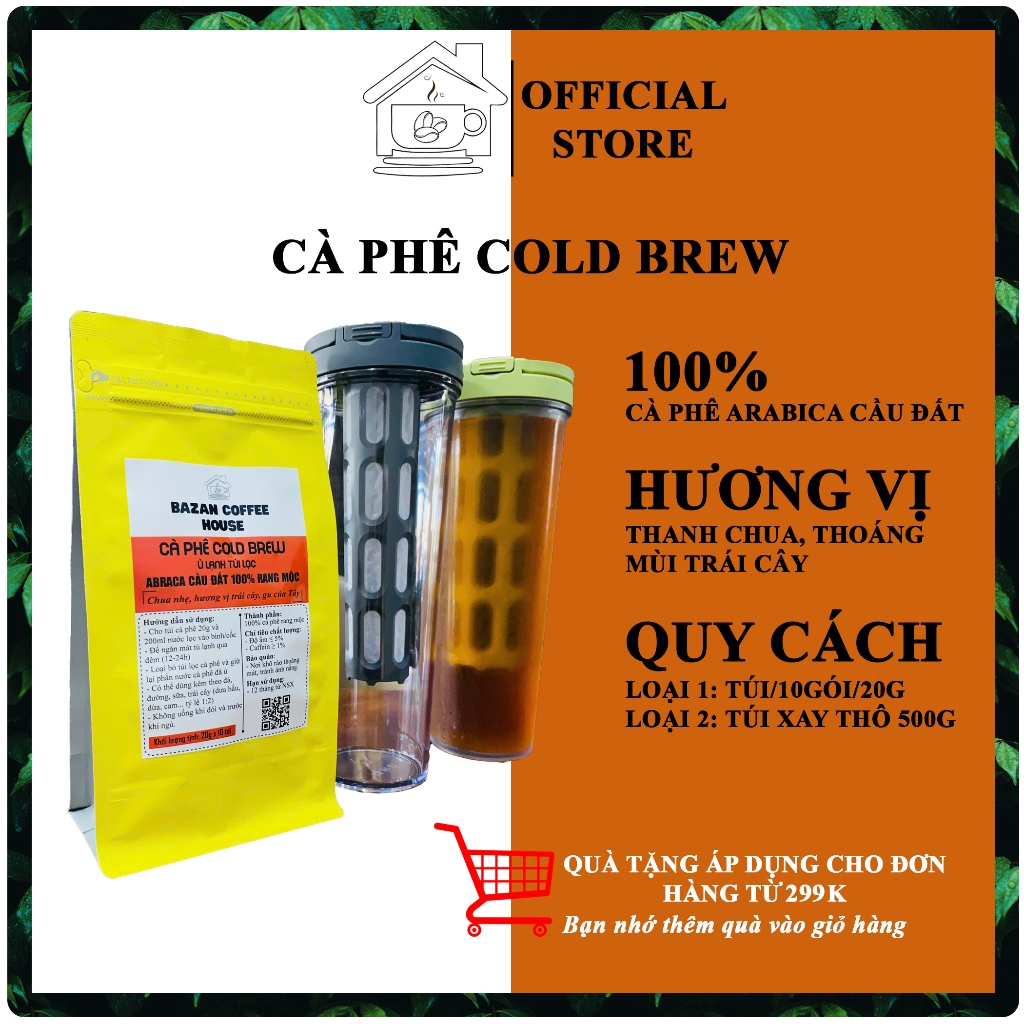 Cà phê CHẤT LƯỢNG CAO Cold Brew 100% ARABICA Cầu Đất, Cafe túi lọc ủ lạnh, chua thanh, đắng nhẹ, thơ