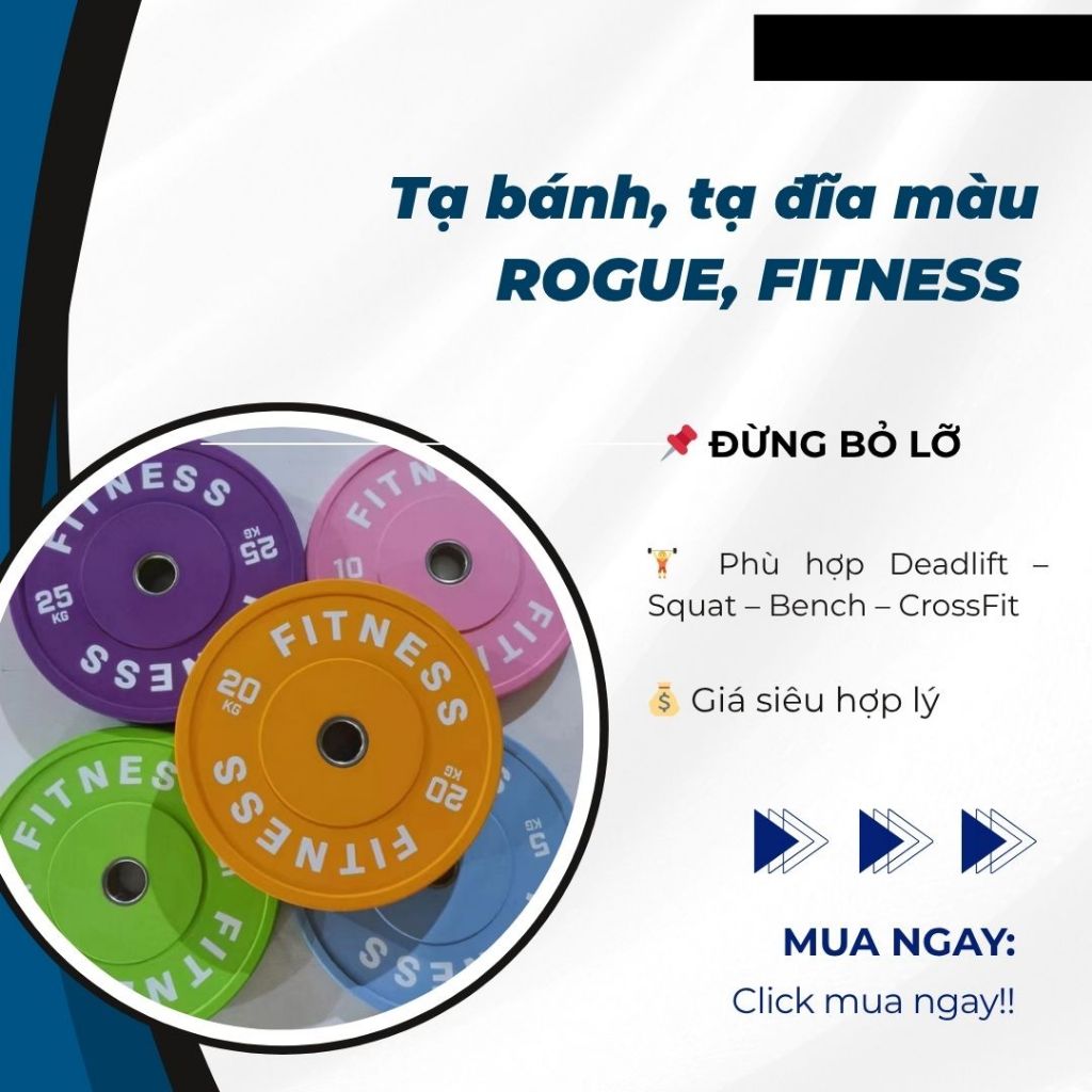 Tạ bánh, tạ đĩa màu ROGUE, FITNESS 5kg, 10kg, 15kg, 20kg, 25kg ( Giá 1 cặp) Hàng cao cấp bọc nhựa AB
