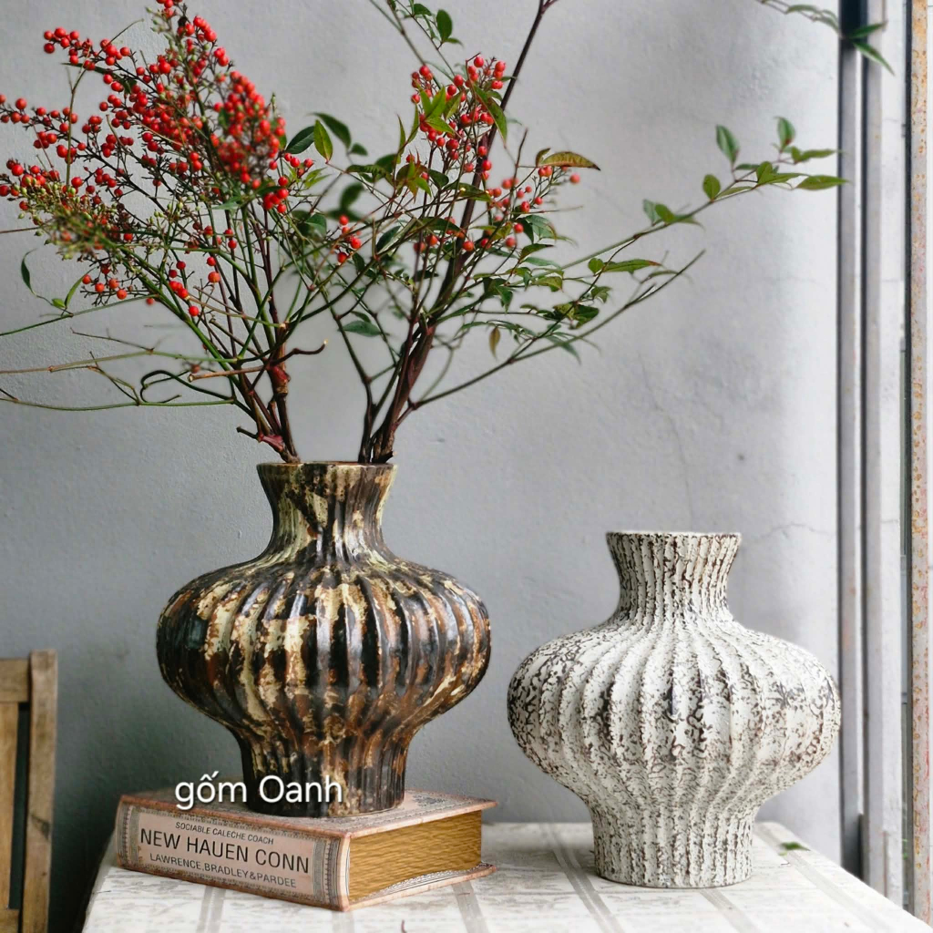 lọ hoa men mộc atlantic phong cách retro wabisabi cắm hoa decor trang trí quà tặng gốm Bát Tràng cao cấp