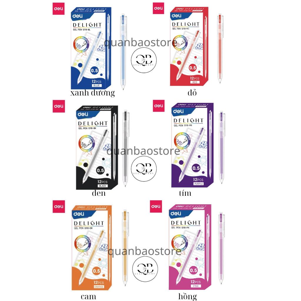 (Hộp 12 cây) Bút gel bấm 0,5mm Deli G118 nhiều màu, phân khúc phổ thông.