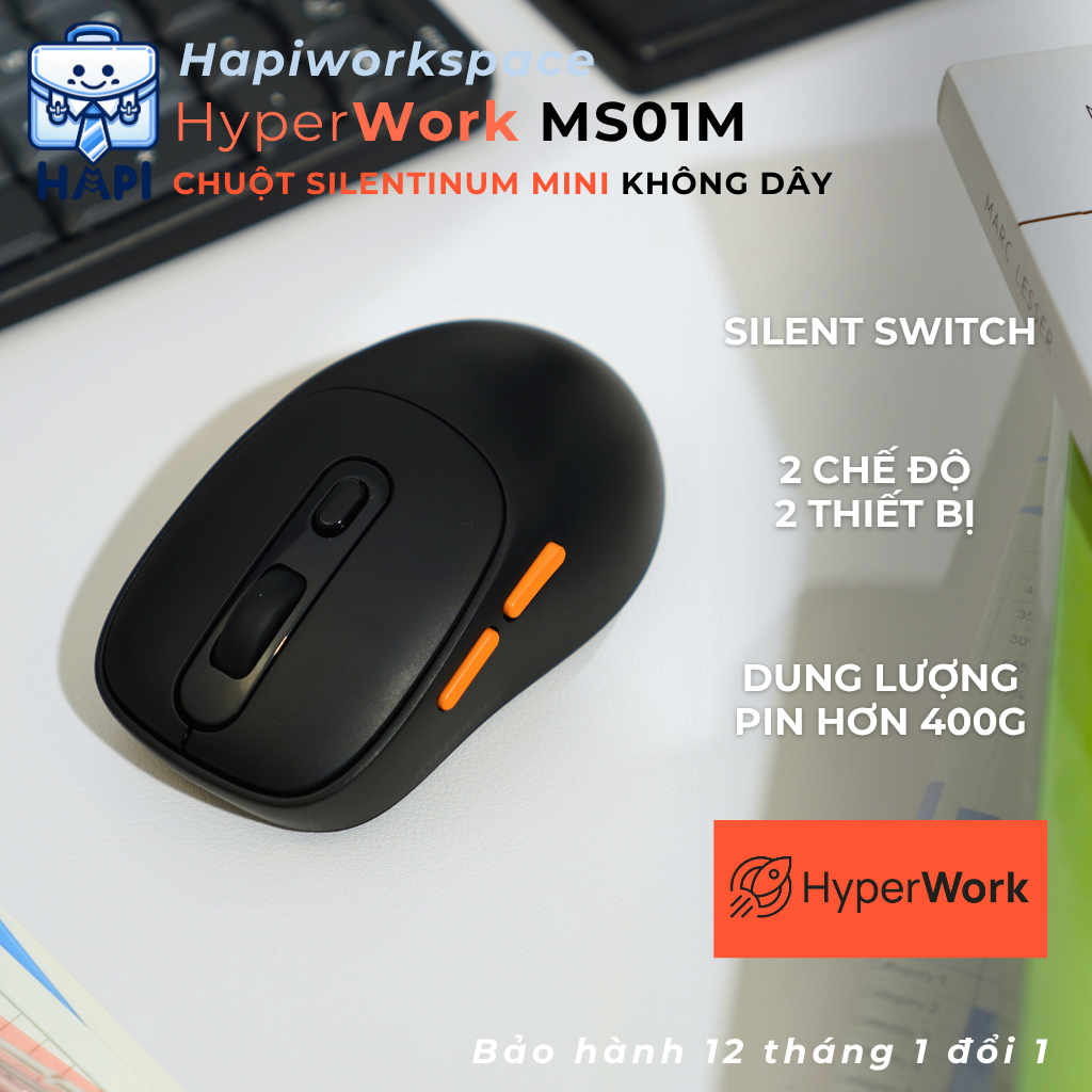 Chuột không dây HyperWork Silentinum MS01 Mini HPW-MS01M: Click yên tĩnh, nhỏ gọn, pin sạc Type-C