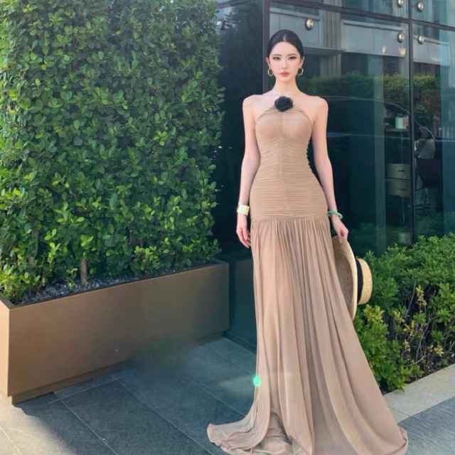 Đầm dự tiệc dáng dài Coolline cổ yếm ôm eo tôn dáng phong cách Pháp