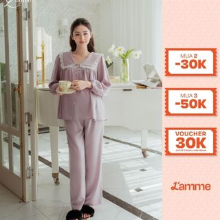  Bộ bầu mặc nhà  MIE  chất Lụa Ngọc Trai set đồ nữ bộ đồ mùa hè tay dài thiết kế cổ sen phối ren by L'AMME 