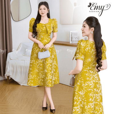 Đầm Dự Tiệc Thiết Kế EMY Thời Trang Cao Cấp EM2101 Gấm Hoa Vàng Sang Chảnh Thanh Lịch Trung Niên