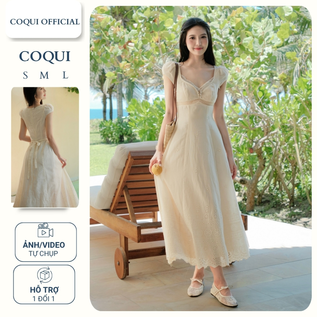 Váy dài nhẹ nhàng xô thêu hoa tiểu thư MOCA DRESS - COQUI, đầm nàng thơ dịu dàng