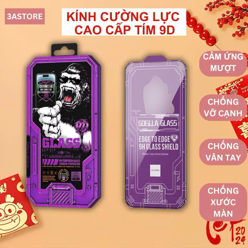 Kính cường lực iphone siêu chịu lực Tím 9D Corning Cao Cấp Nhất chống vân tay cho ip 14 15 16 17 Pro Max Plus 3astore