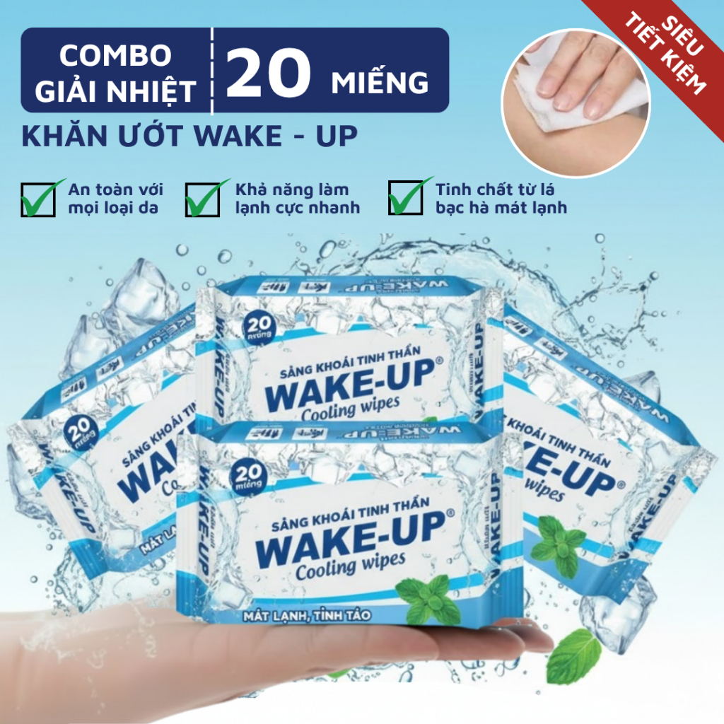 Combo Khăn Ướt WAKE-UP Cooling Wipes 20 Miếng Khăn Lạnh Bạc Hà Sảng Khoái Làm Sạch Nhanh, Mát Lạnh Tức Thì ADACO