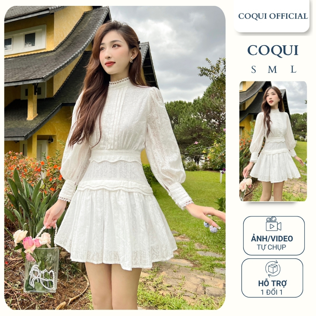 Đầm tiệc cưới sang chảnh tay dài trắng phồng Flora Dress - COQUI, đầm váy dự tiệc cổ cao, dáng xòe ngắn