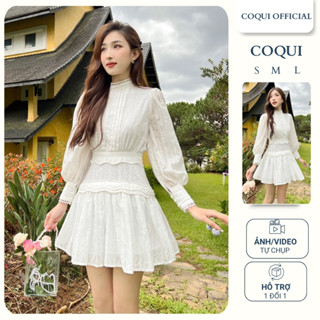 Đầm tiệc cưới sang chảnh tay dài trắng phồng Flora Dress - COQUI, đầm váy dự tiệc cổ cao, dáng xòe ngắn
