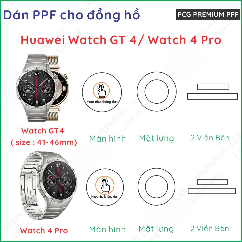 (Mua 1 tặng 1) Dán PPF đồng hồ Huawei GT 4 5 46mm, 41mm/ Watch 4 3 Pro loại trong, nhám dành cho màn hình, mặt đế, viền