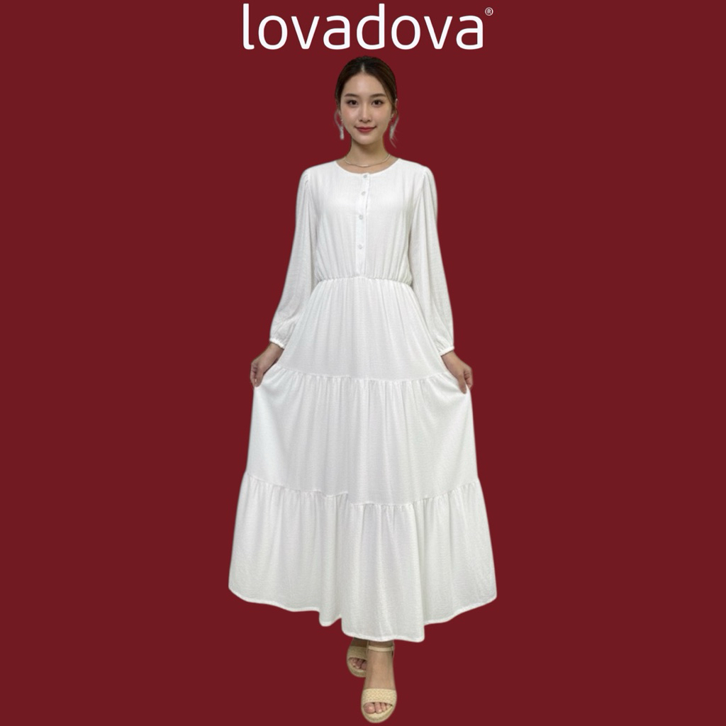 Đầm maxi xếp ly dài tay eo thun  vải linen gân trắng Lovadova HD0202