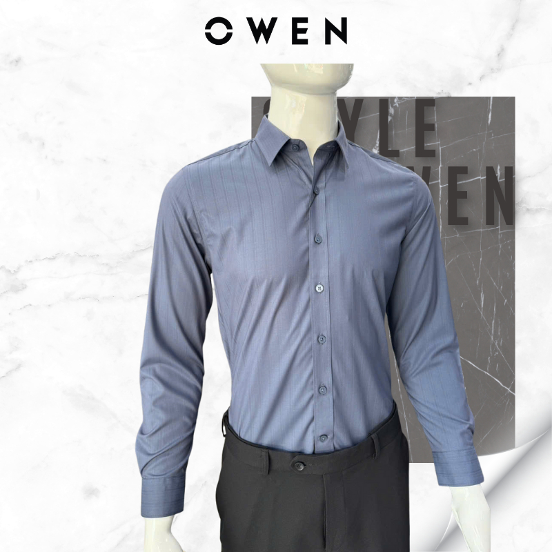 Áo sơ mi nam Owen dài tay Slim Fit mã AS240535 màu kẻ sọc xanh chất bamboo poly