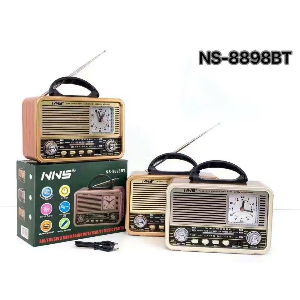 Đài Radio đa năng FM,AM,SW,kết nối bluetooth,usb,thẻ nhớ,đồng hồ,pin sạc NS-8898BT.bảo hành 3 tháng