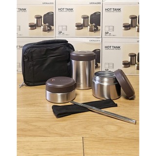 Bộ Hộp Cơm Giữ Nhiệt Văn Phòng LocknLock Lunch Box 3 Ngăn Kèm Túi Thìa Đũa LHC8032SLV ( Bạc Nắp Nâu )