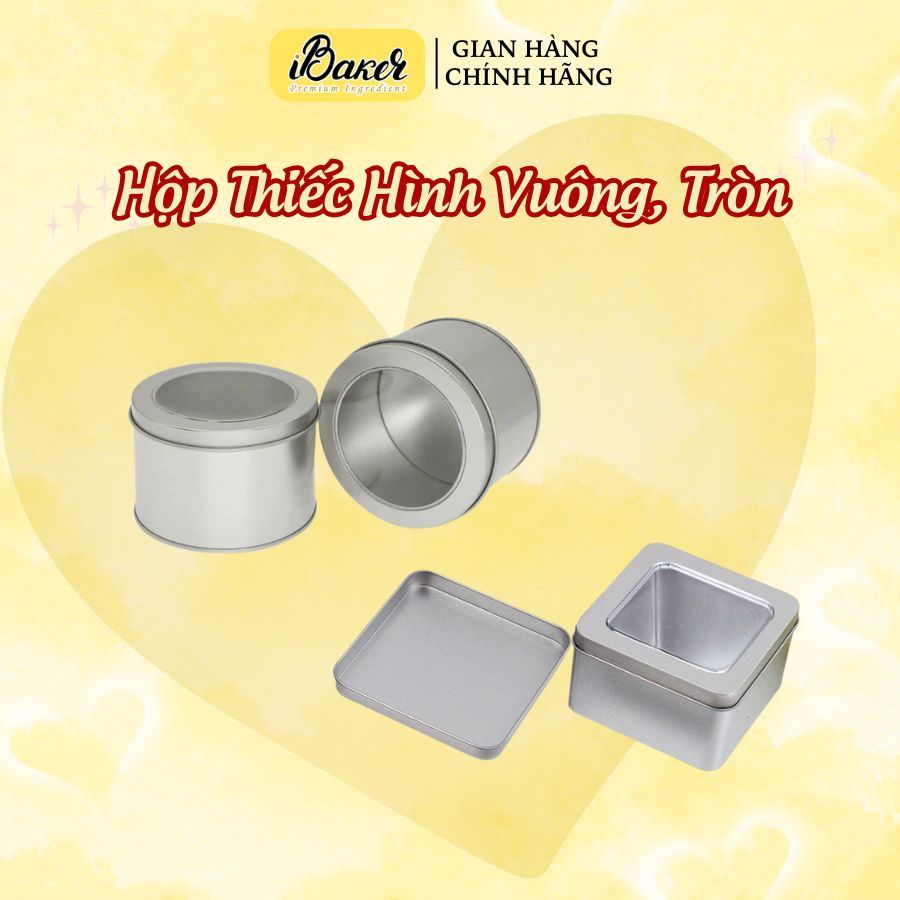 Hộp Thiếc Hình Vuông, Tròn Có Nắp Kính Dùng Cho Bánh Lạnh Hoặc Bánh Quy