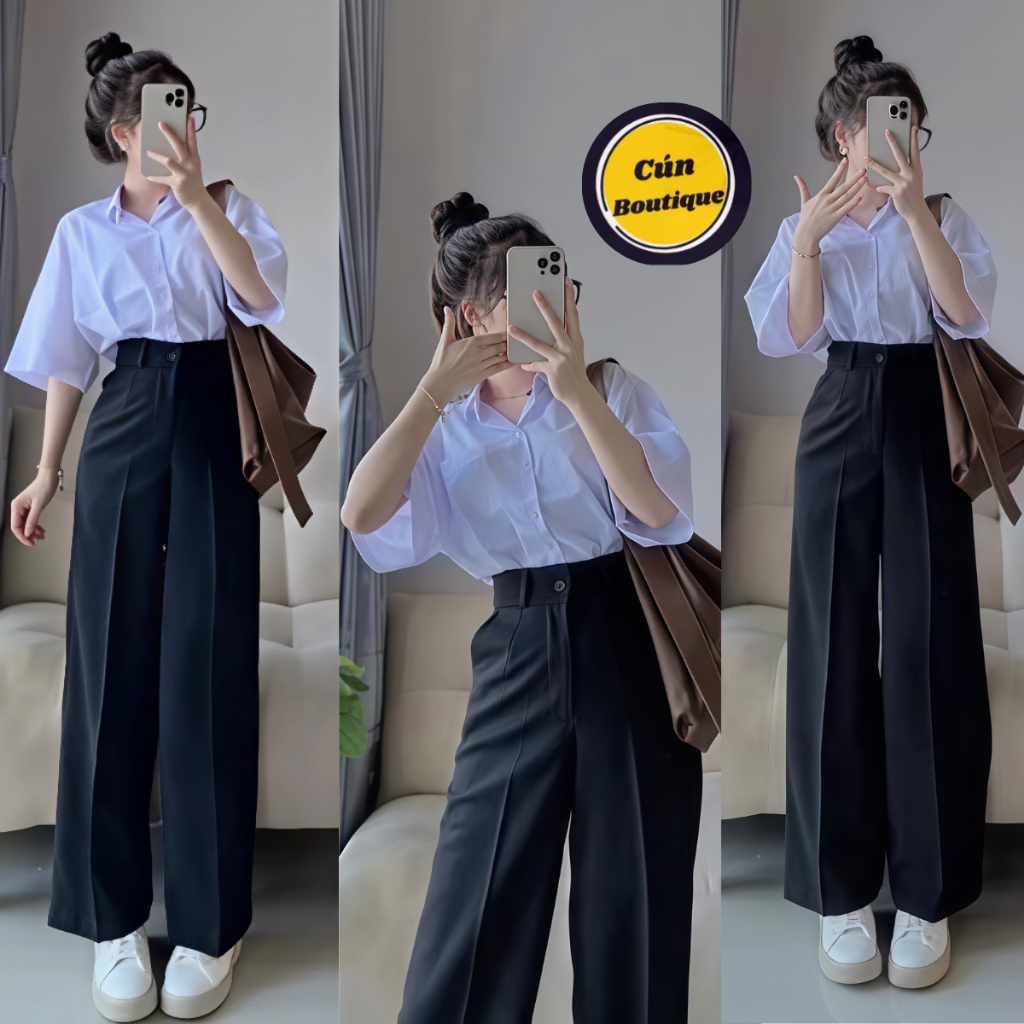 Quần Tây Ống Rộng Đi Học Nữ Lưng Cao Form Suông
