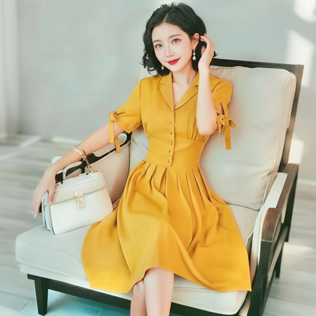 Đầm sơ mi vàng nghệ tay nơ, váy dạo phố du lịch (kèm hình thật)