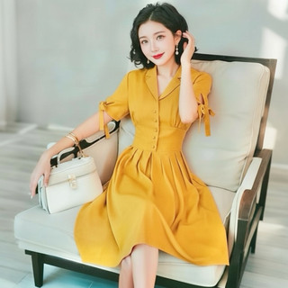 Đầm sơ mi vàng nghệ tay nơ, váy dạo phố du lịch (kèm hình thật)