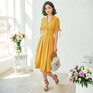 Đầm sơ mi vàng nghệ tay nơ, váy dạo phố du lịch (kèm hình thật)