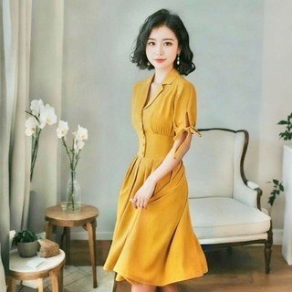 Đầm sơ mi vàng nghệ tay nơ, váy dạo phố du lịch (kèm hình thật)
