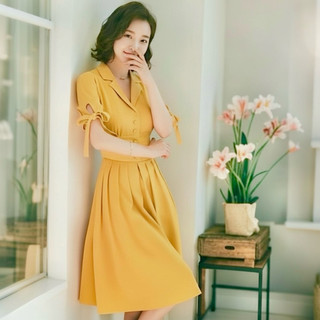 Đầm sơ mi vàng nghệ tay nơ, váy dạo phố du lịch (kèm hình thật)