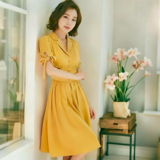 Đầm sơ mi vàng nghệ tay nơ, váy dạo phố du lịch (kèm hình thật)