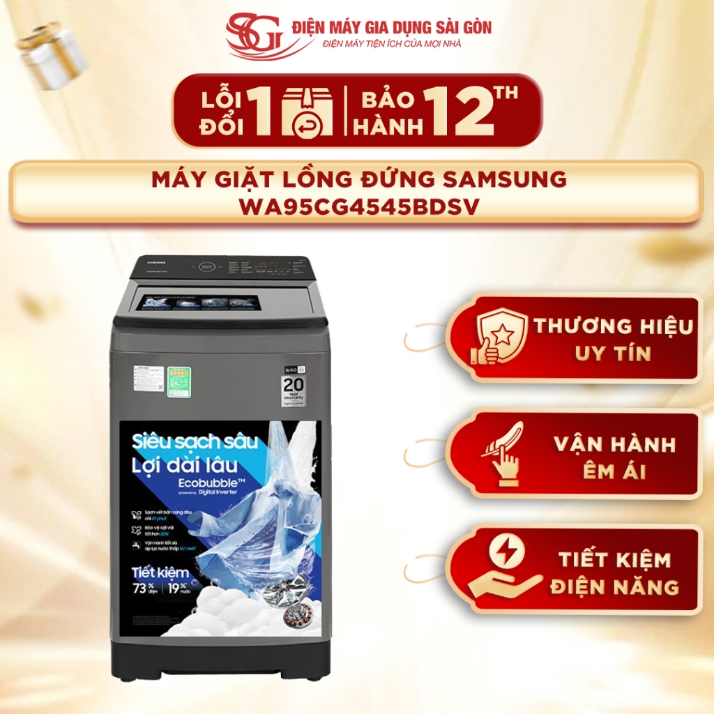 Máy giặt Samsung Inverter 9.5 kg WA95CG4545BDSV -  Tiết kiệm 73% điện năng, 10 chương trình giặt